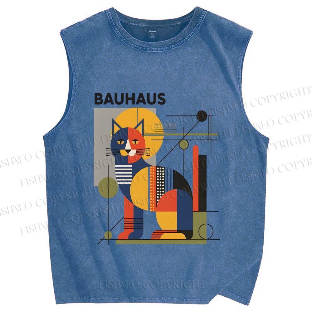 Unisex Bauhaus Cat Printed Washed Tank Top