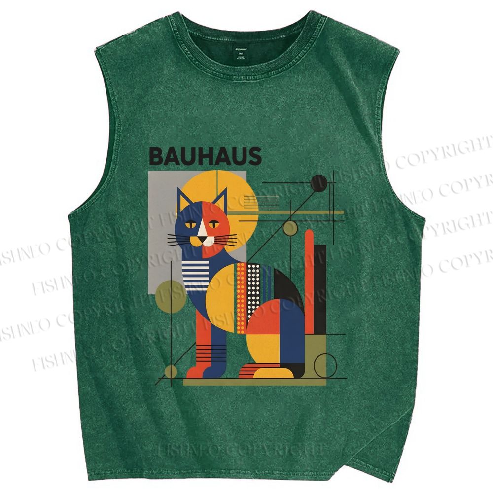 Unisex Bauhaus Cat Printed Washed Tank Top