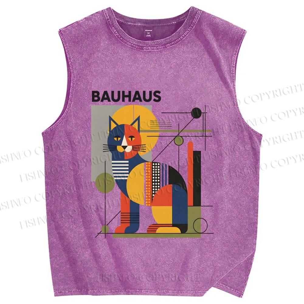 Unisex Bauhaus Cat Printed Washed Tank Top
