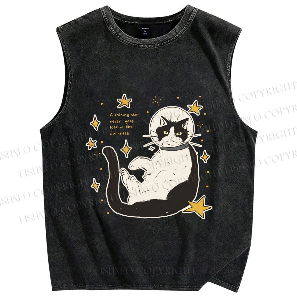 Unisex Astronaut Cat Printed Washed Tank Top