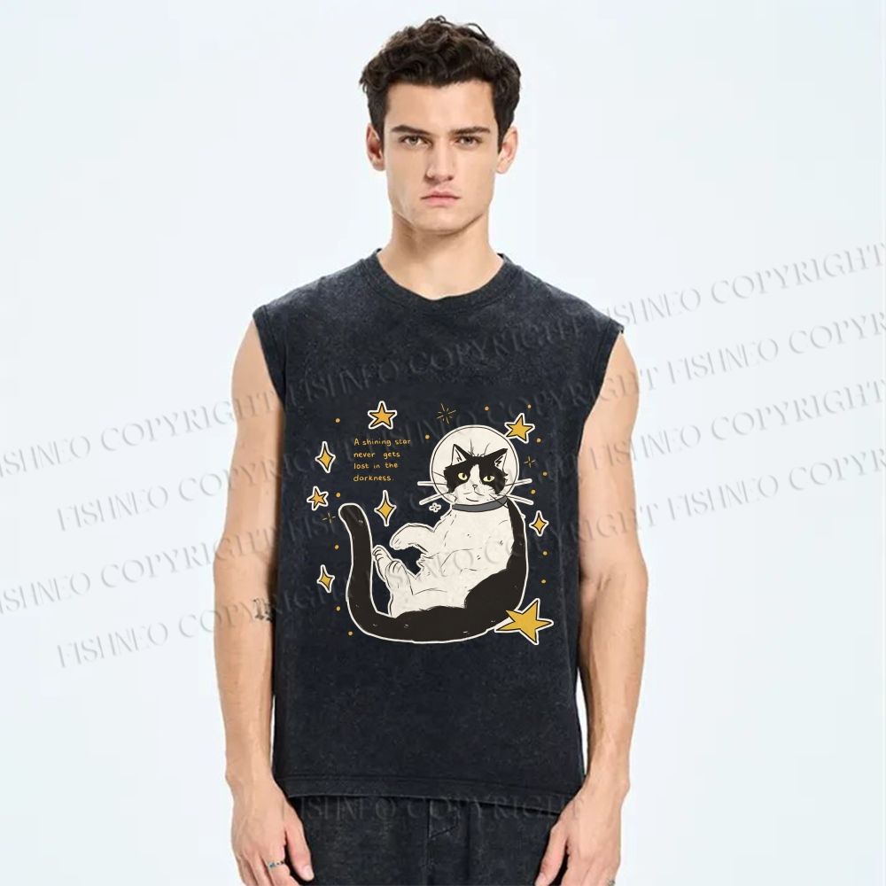 Unisex Astronaut Cat Printed Washed Tank Top