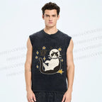Unisex Astronaut Cat Printed Washed Tank Top