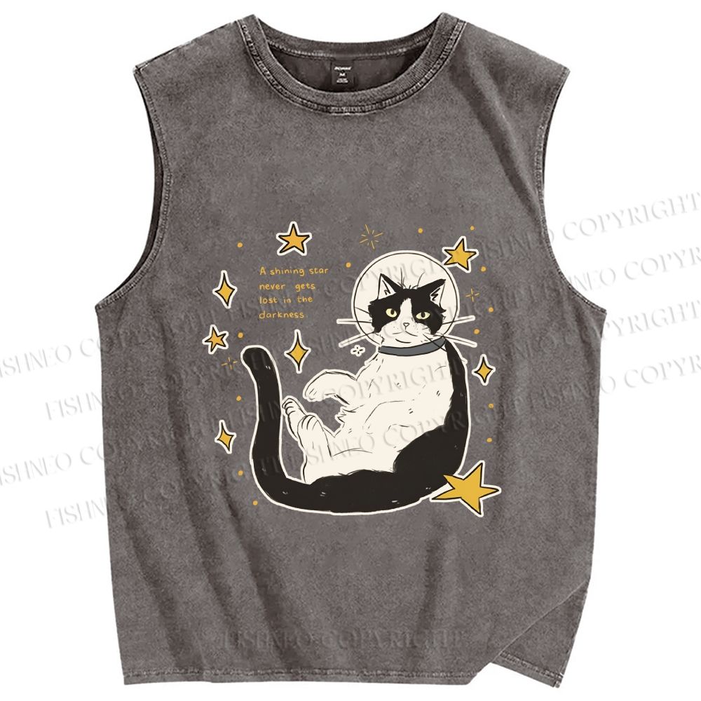 Unisex Astronaut Cat Printed Washed Tank Top
