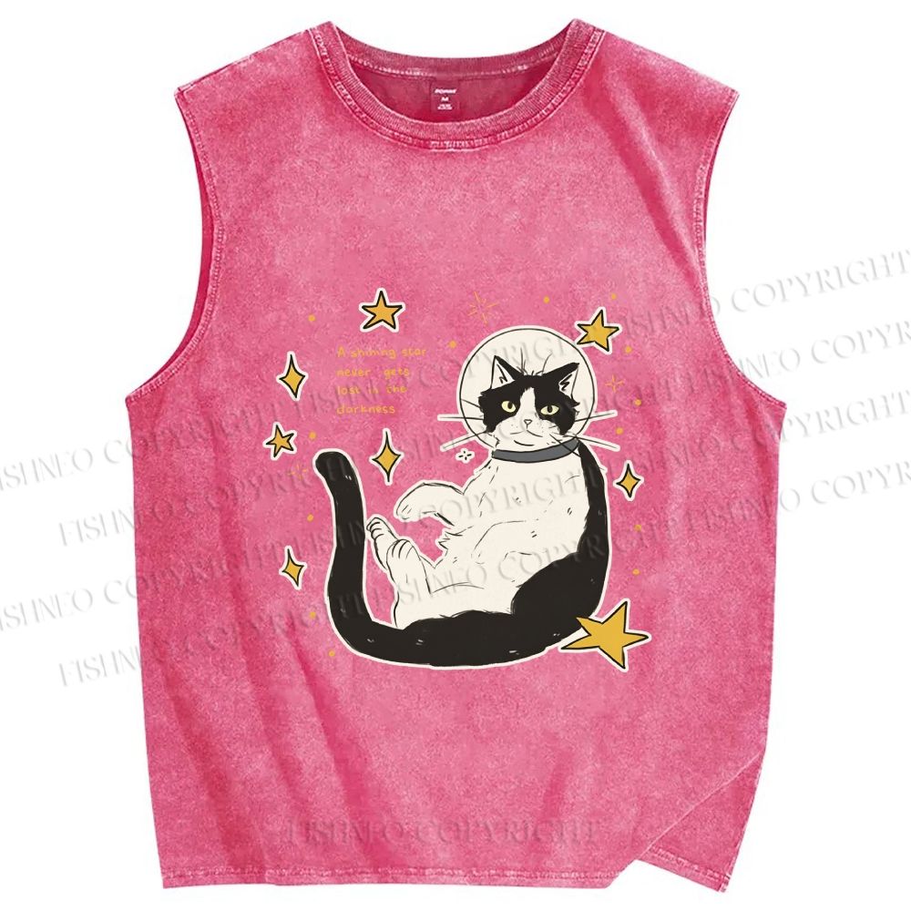 Unisex Astronaut Cat Printed Washed Tank Top