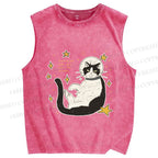 Unisex Astronaut Cat Printed Washed Tank Top