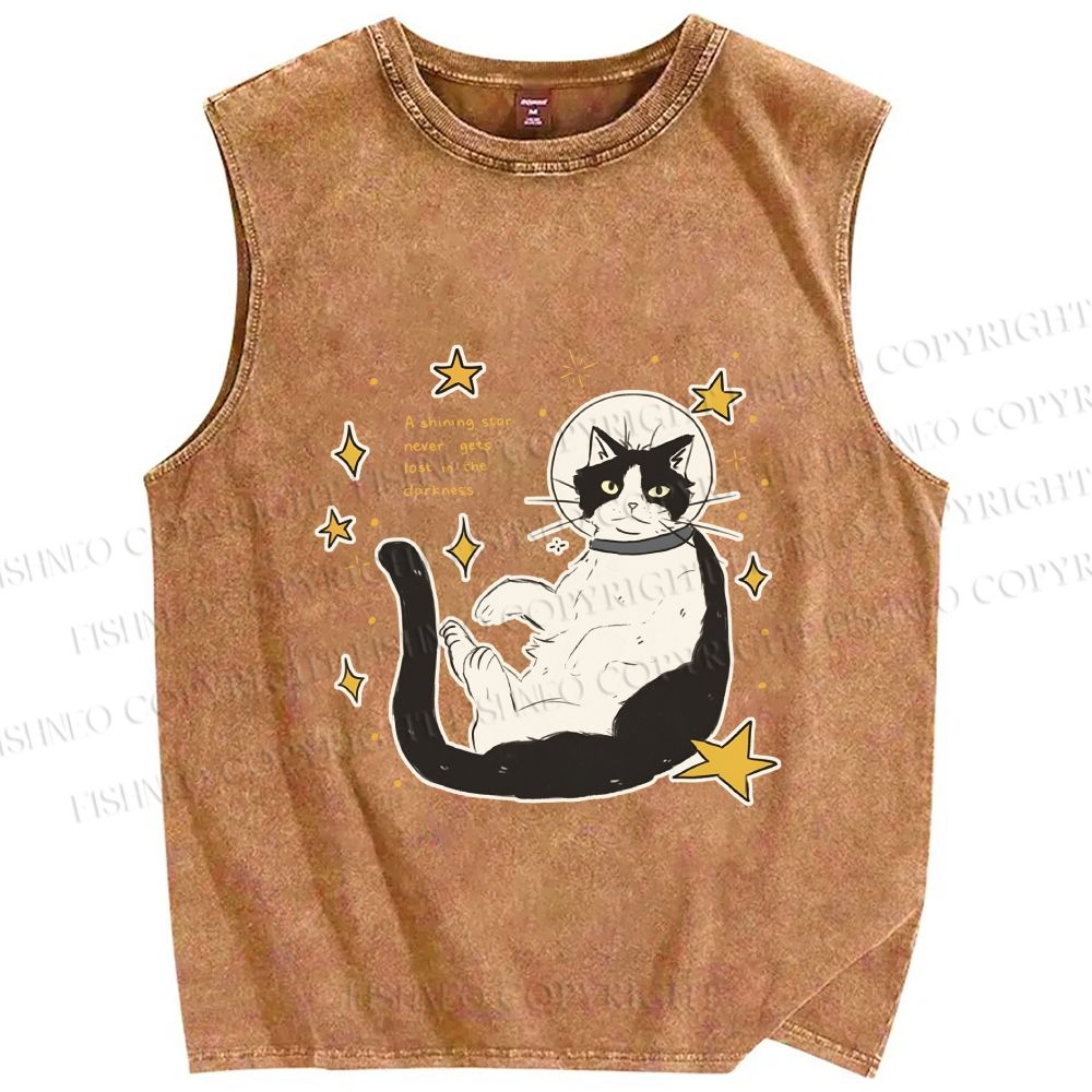Unisex Astronaut Cat Printed Washed Tank Top