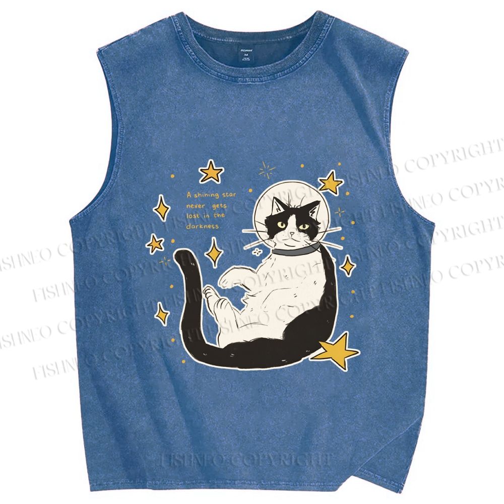 Unisex Astronaut Cat Printed Washed Tank Top