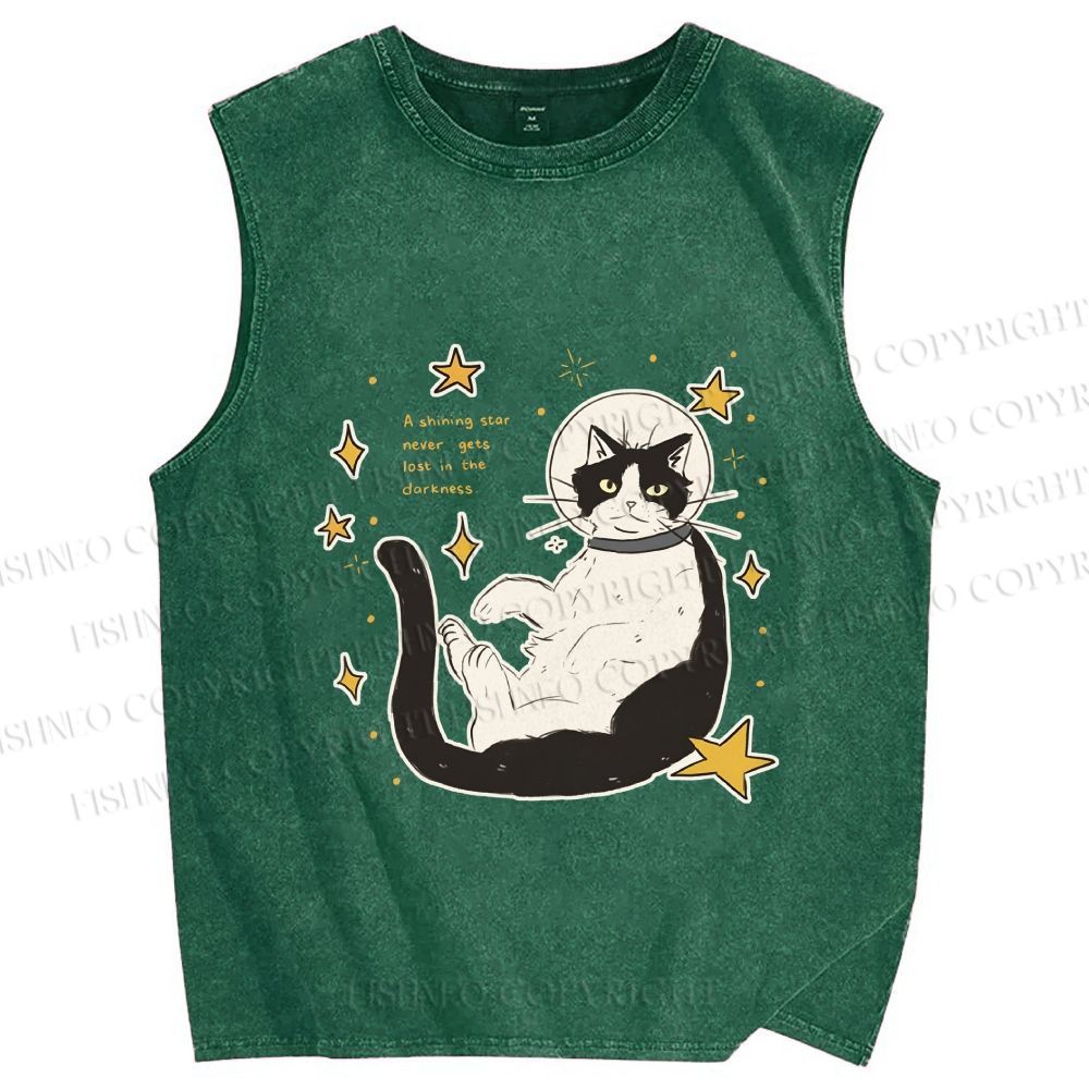 Unisex Astronaut Cat Printed Washed Tank Top