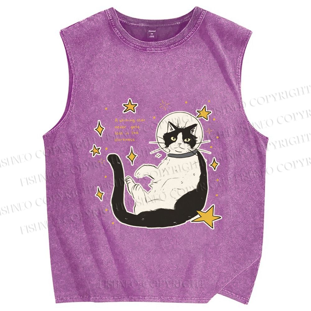 Unisex Astronaut Cat Printed Washed Tank Top