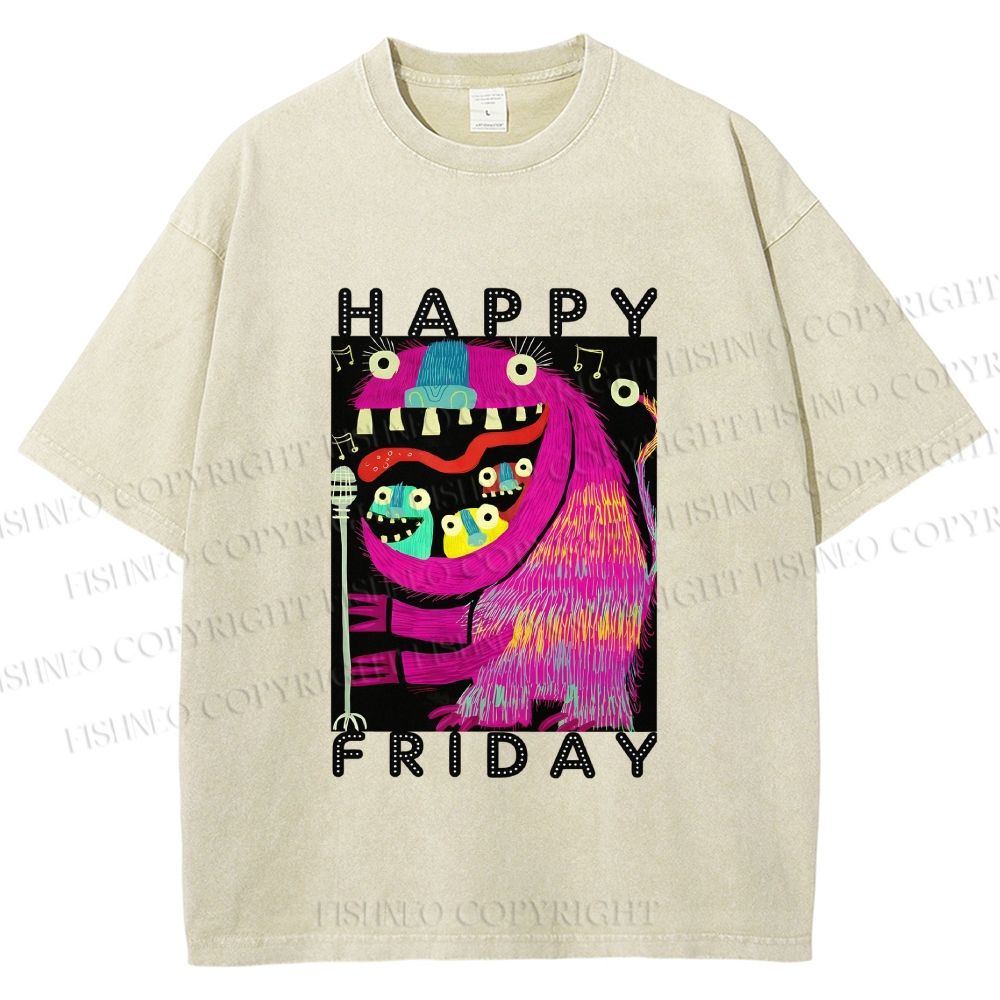 Unisex Happy Friday Silly Big Mouth Monster Printed Washed Tee