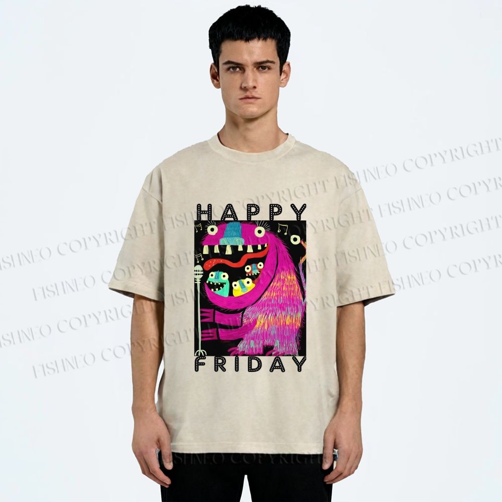 Unisex Happy Friday Silly Big Mouth Monster Printed Washed Tee
