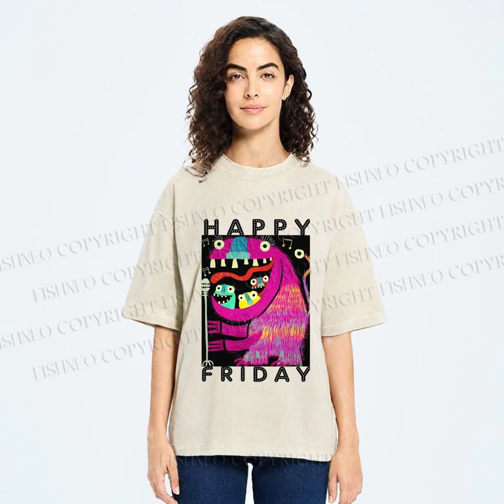 Unisex Happy Friday Silly Big Mouth Monster Printed Washed Tee