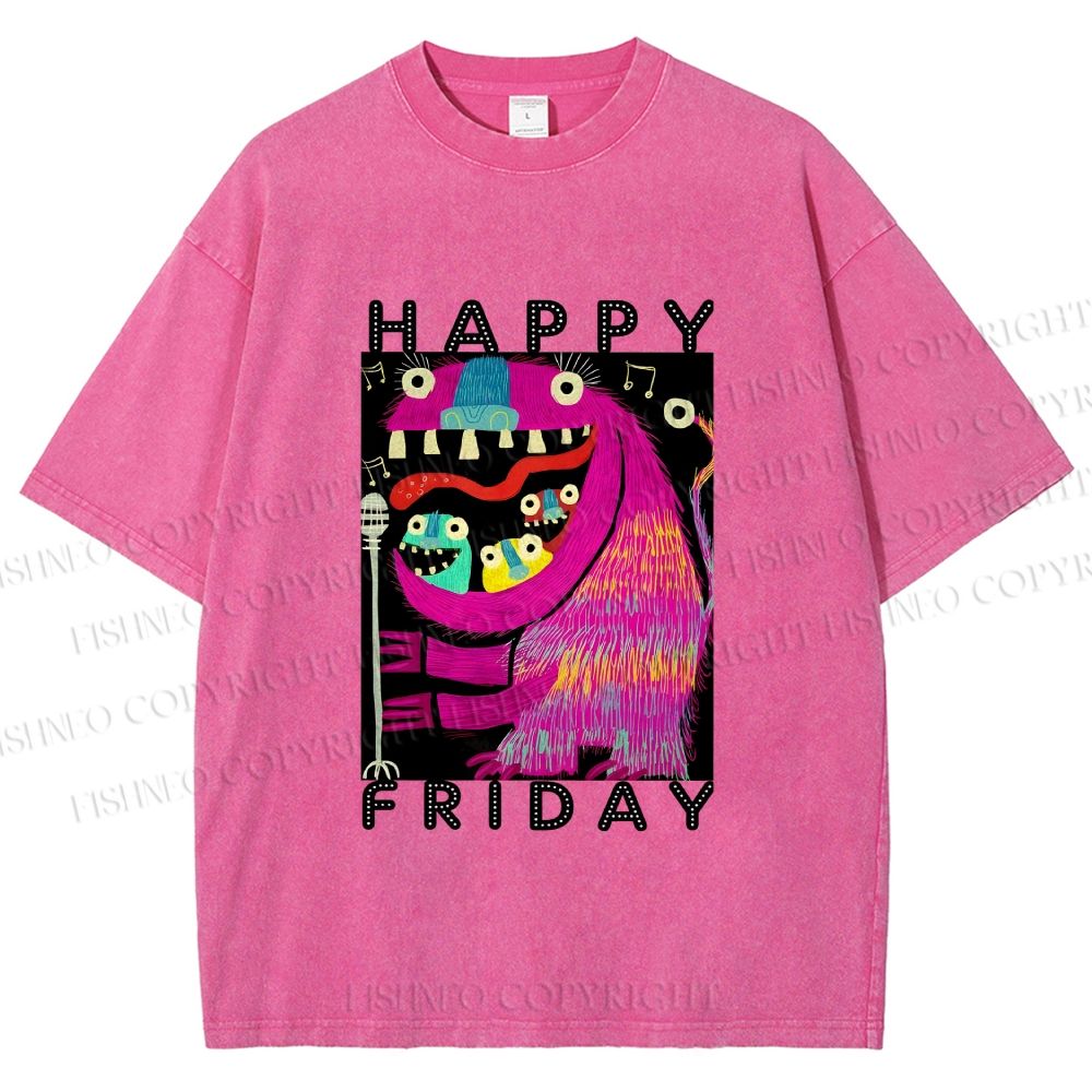 Unisex Happy Friday Silly Big Mouth Monster Printed Washed Tee