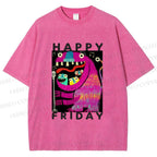 Unisex Happy Friday Silly Big Mouth Monster Printed Washed Tee