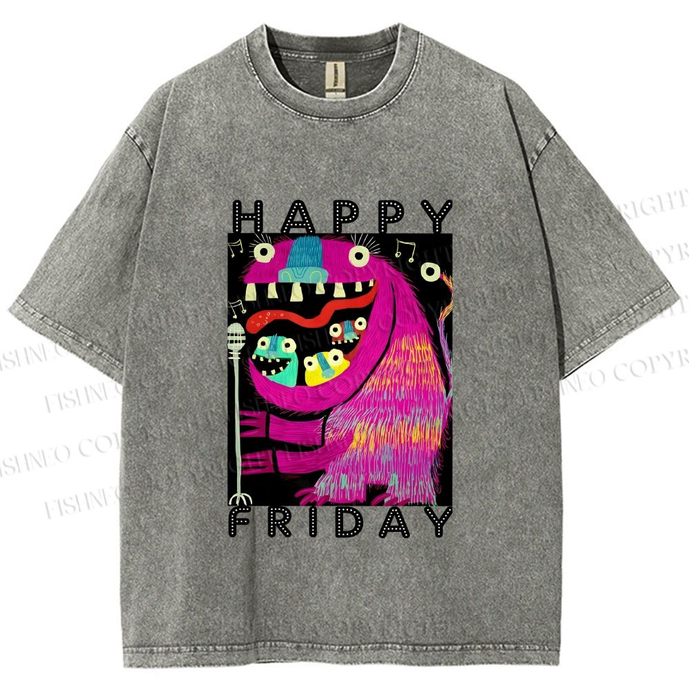 Unisex Happy Friday Silly Big Mouth Monster Printed Washed Tee
