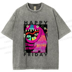 Unisex Happy Friday Silly Big Mouth Monster Printed Washed Tee