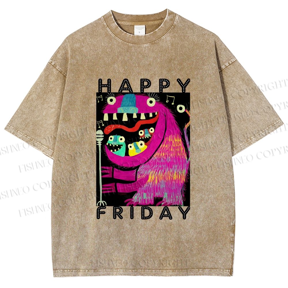 Unisex Happy Friday Silly Big Mouth Monster Printed Washed Tee