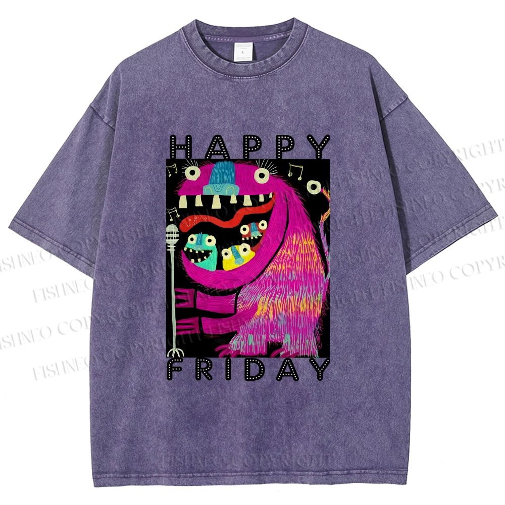 Unisex Happy Friday Silly Big Mouth Monster Printed Washed Tee