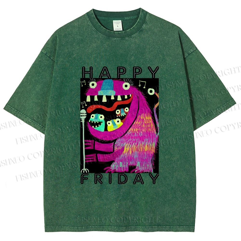 Unisex Happy Friday Silly Big Mouth Monster Printed Washed Tee