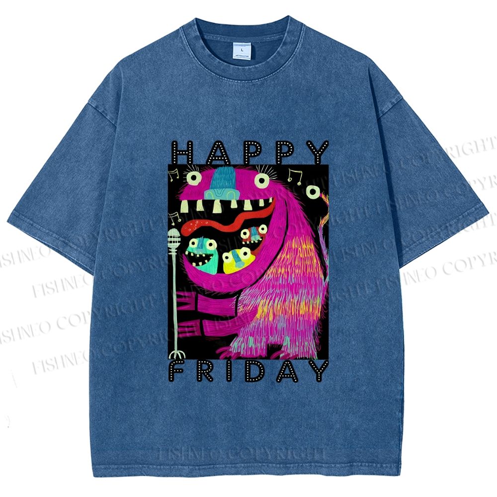 Unisex Happy Friday Silly Big Mouth Monster Printed Washed Tee