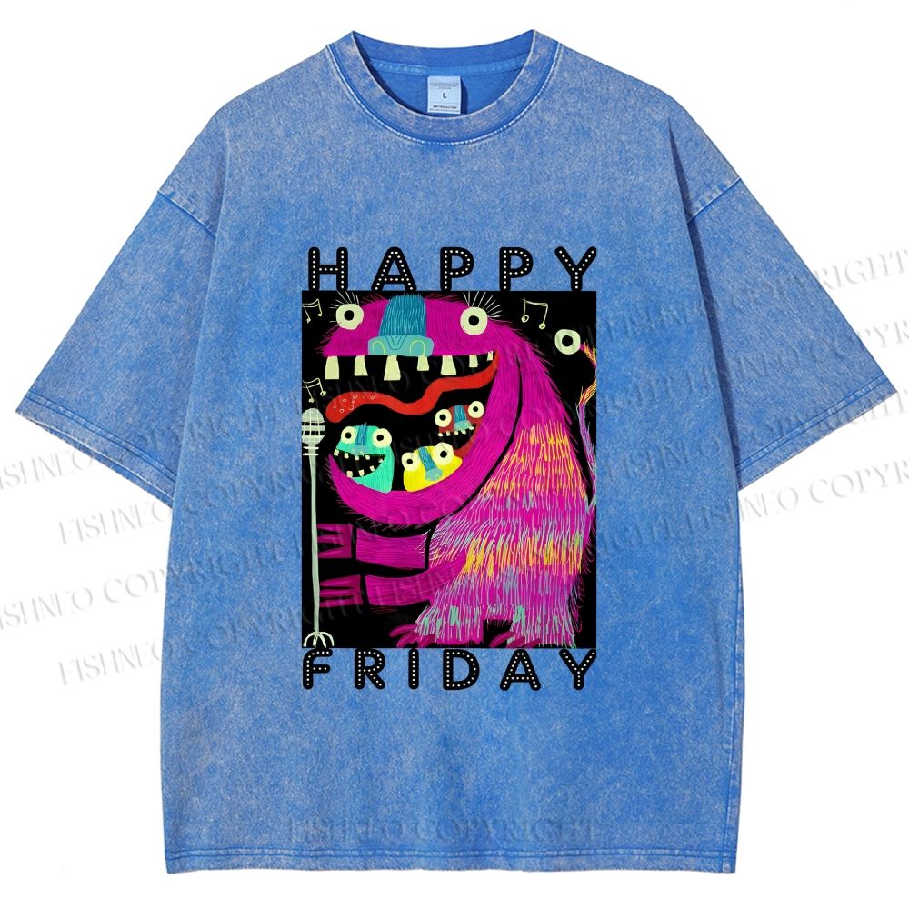 Unisex Happy Friday Silly Big Mouth Monster Printed Washed Tee