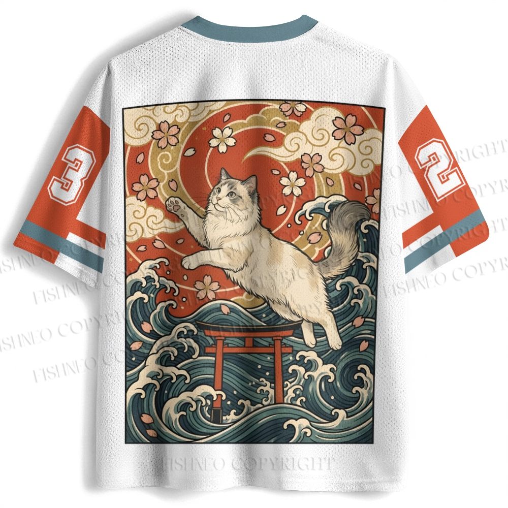 Cat in Wave Japanese Ukiyo-e Jersey Shirts