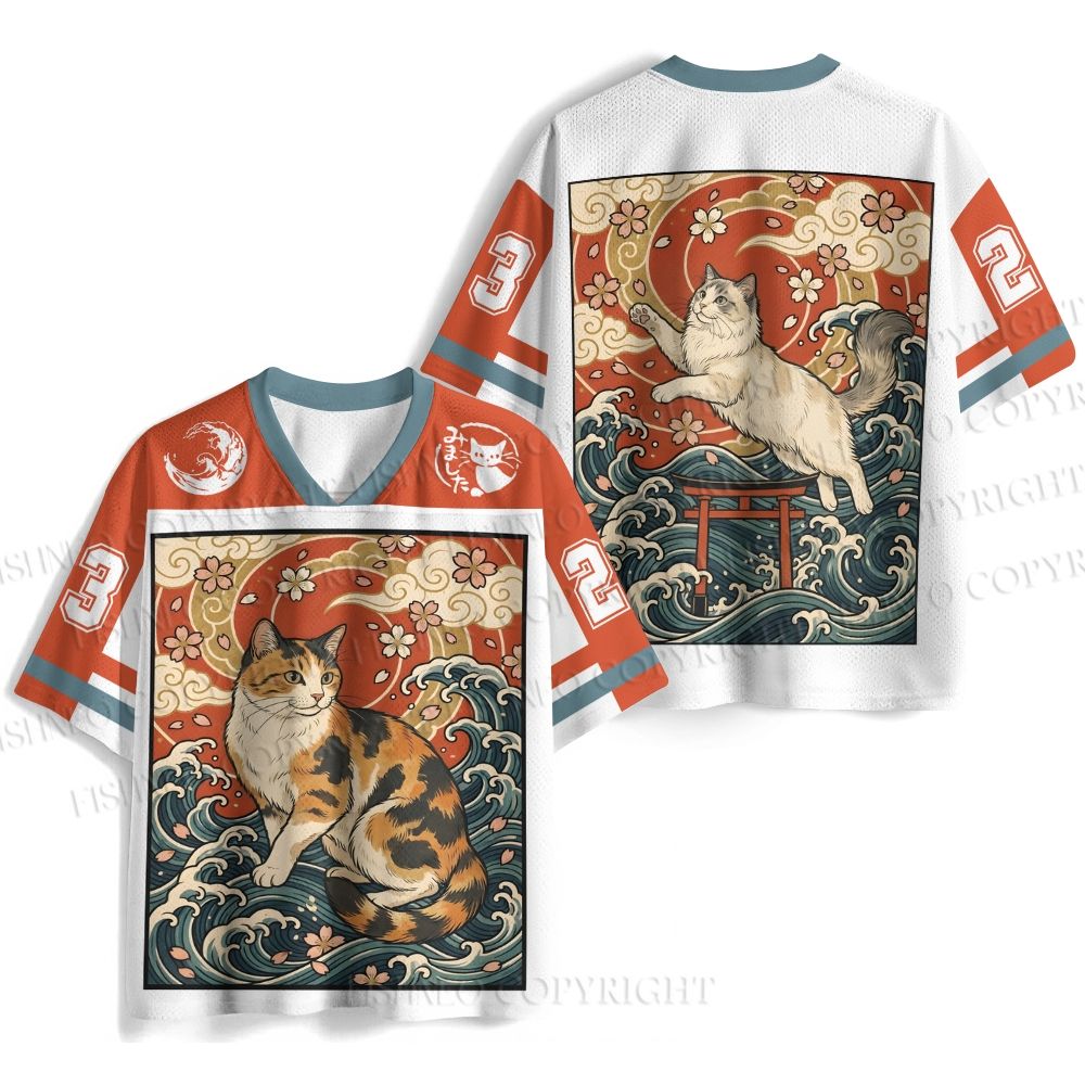 Cat in Wave Japanese Ukiyo-e Jersey Shirts