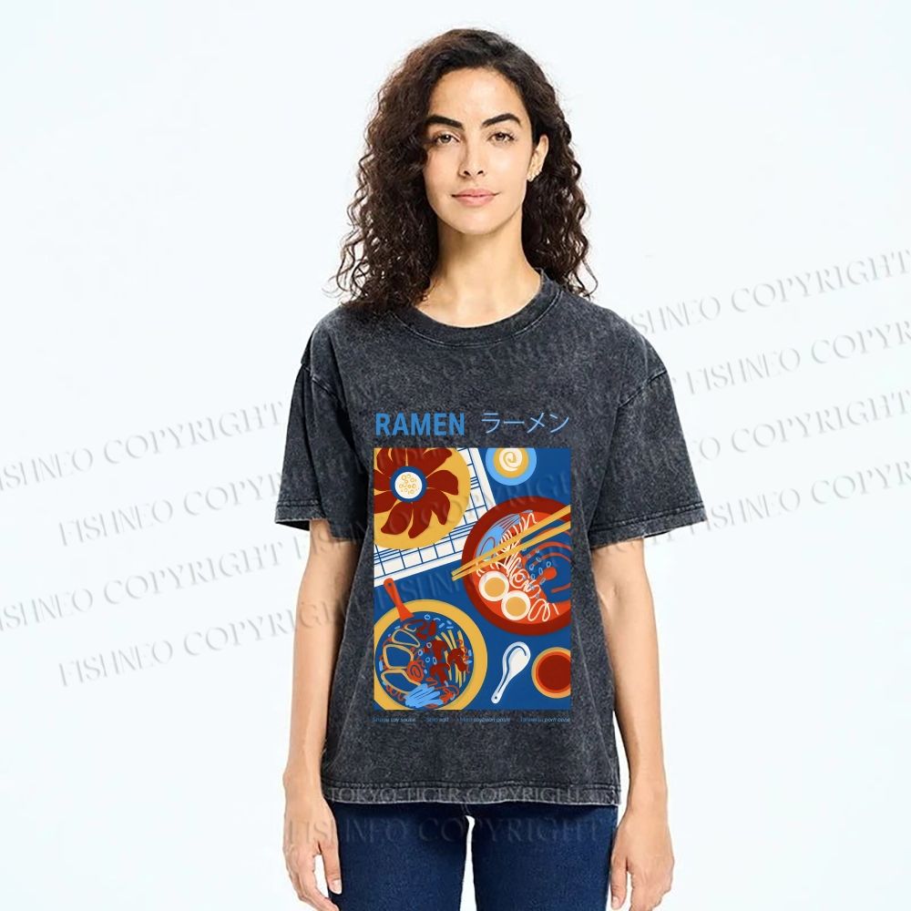 Unisex Ramen Printed Washed Tee