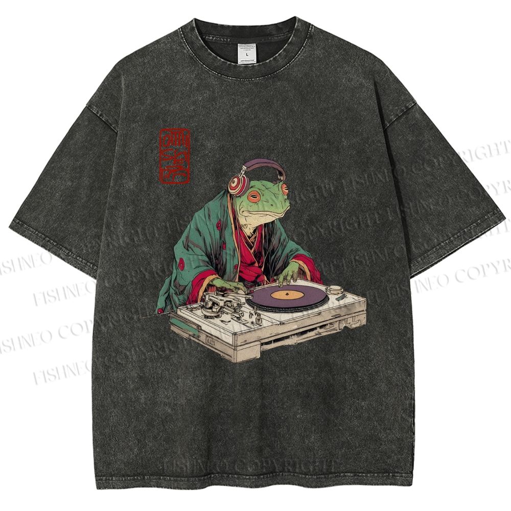 Unisex Frog DJ Viny Printed Washed Tee