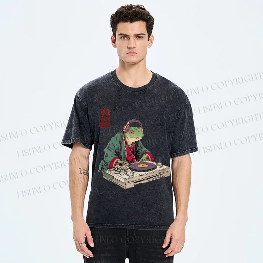 Unisex Frog DJ Viny Printed Washed Tee