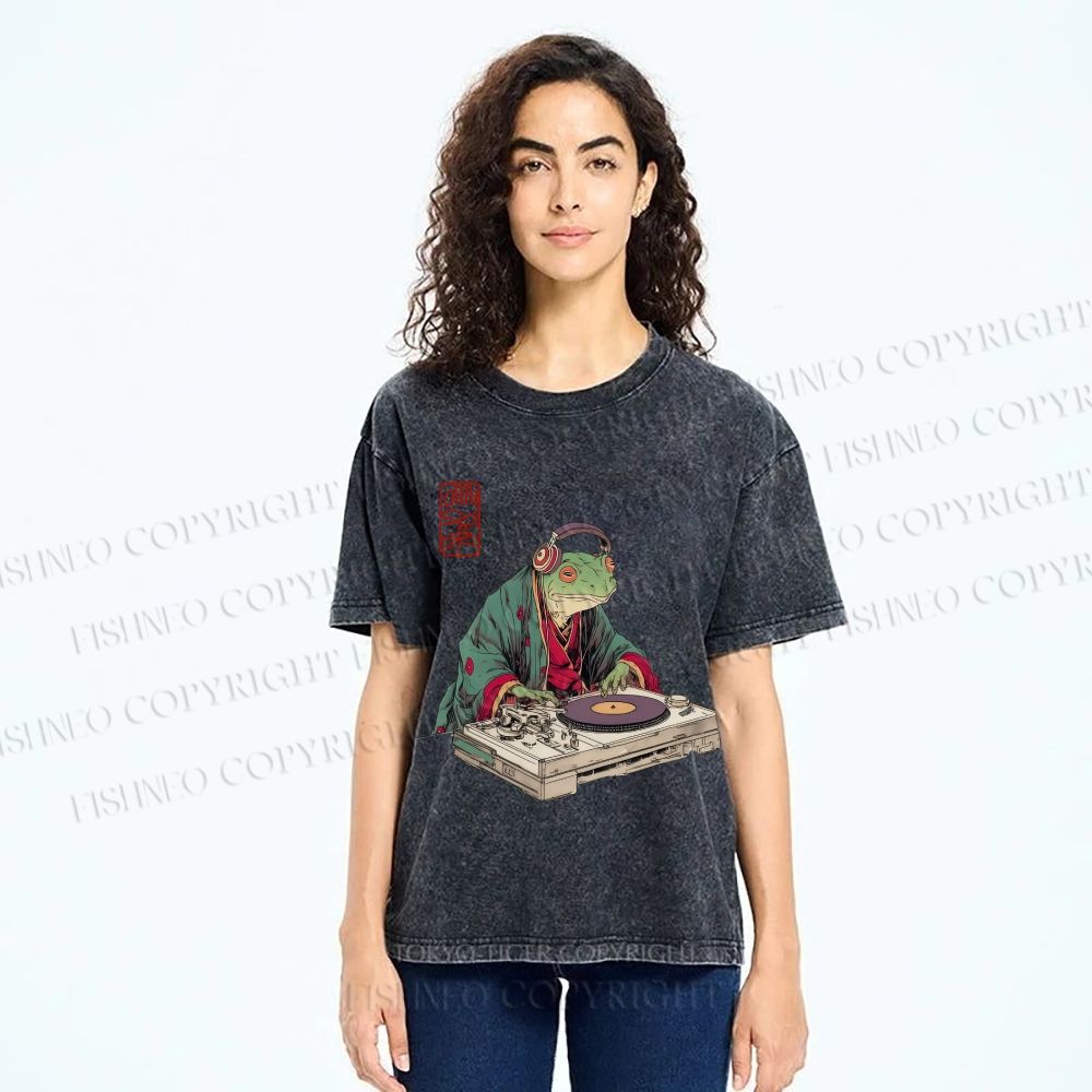 Unisex Frog DJ Viny Printed Washed Tee