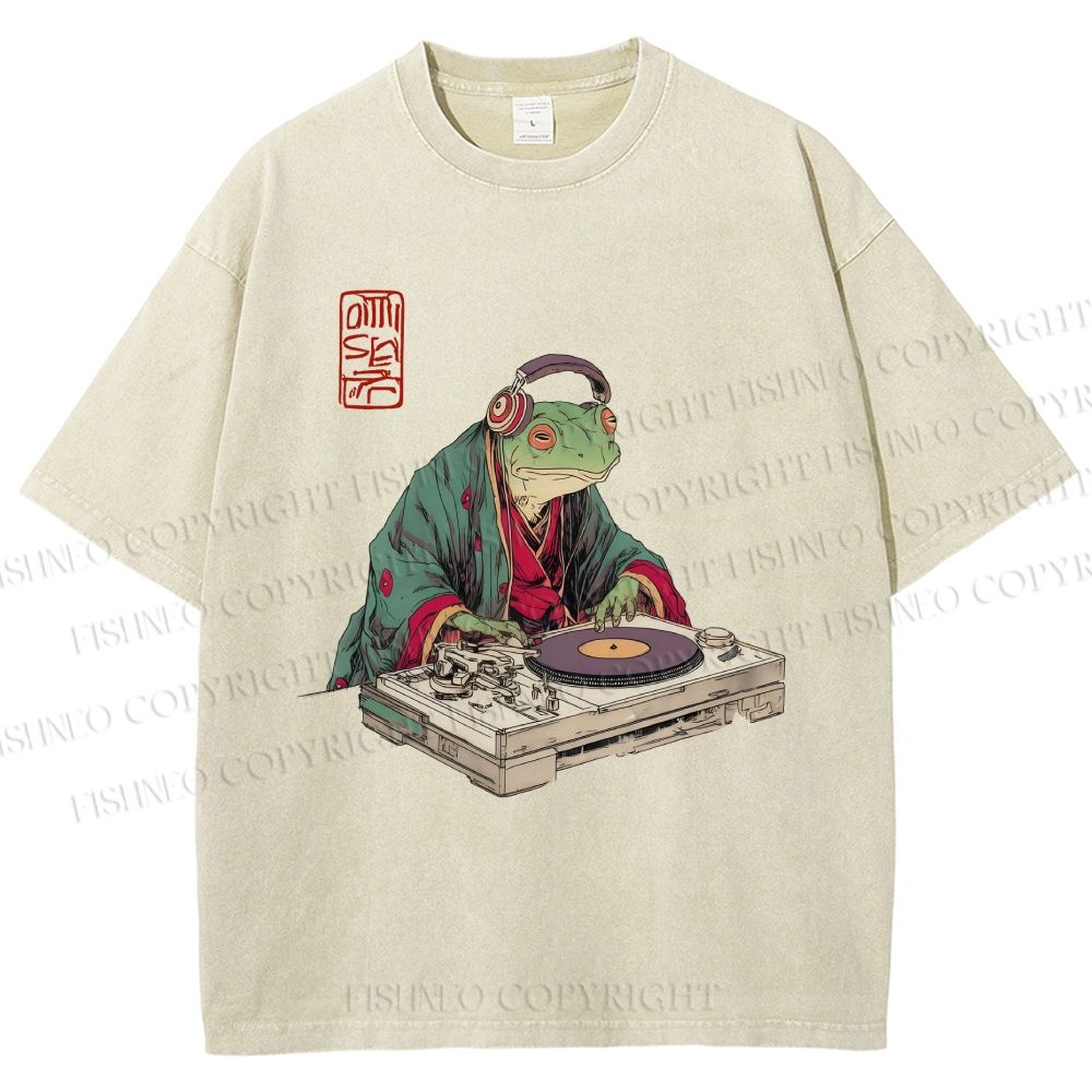 Unisex Frog DJ Viny Printed Washed Tee