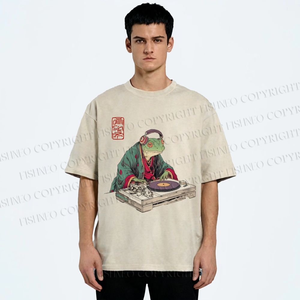 Unisex Frog DJ Viny Printed Washed Tee