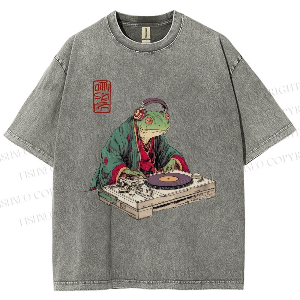 Unisex Frog DJ Viny Printed Washed Tee
