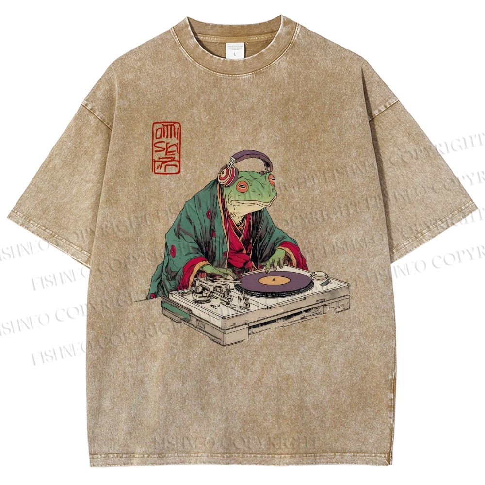 Unisex Frog DJ Viny Printed Washed Tee
