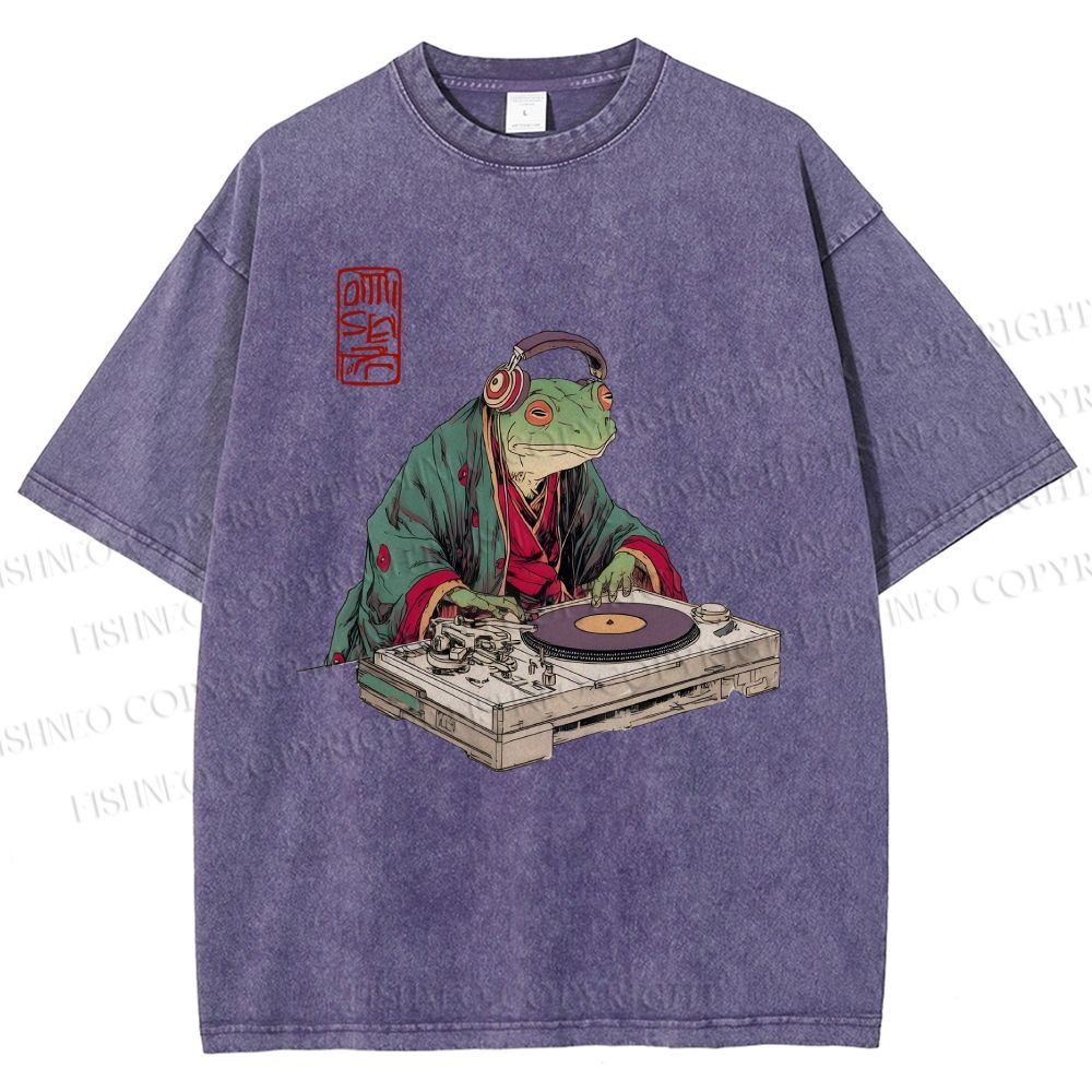 Unisex Frog DJ Viny Printed Washed Tee