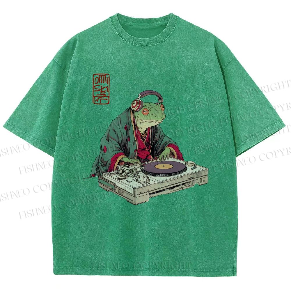 Unisex Frog DJ Viny Printed Washed Tee