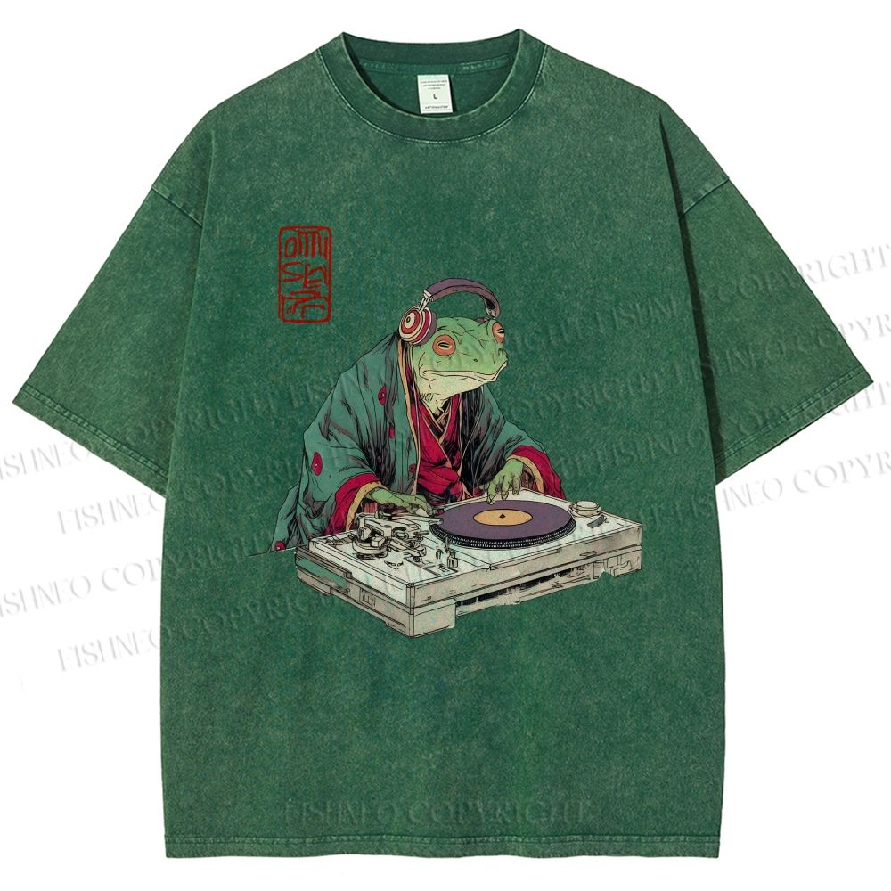 Unisex Frog DJ Viny Printed Washed Tee