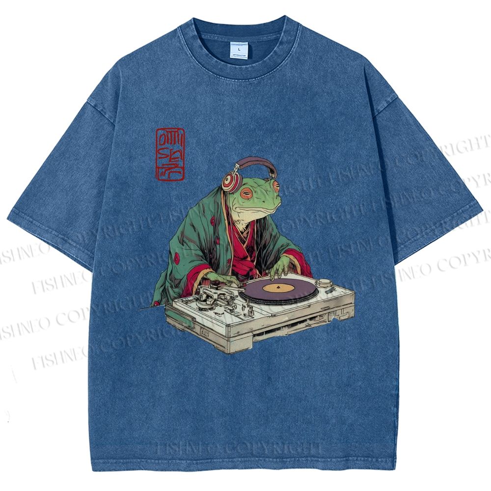 Unisex Frog DJ Viny Printed Washed Tee