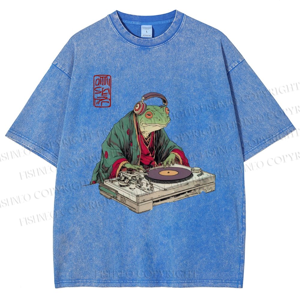 Unisex Frog DJ Viny Printed Washed Tee