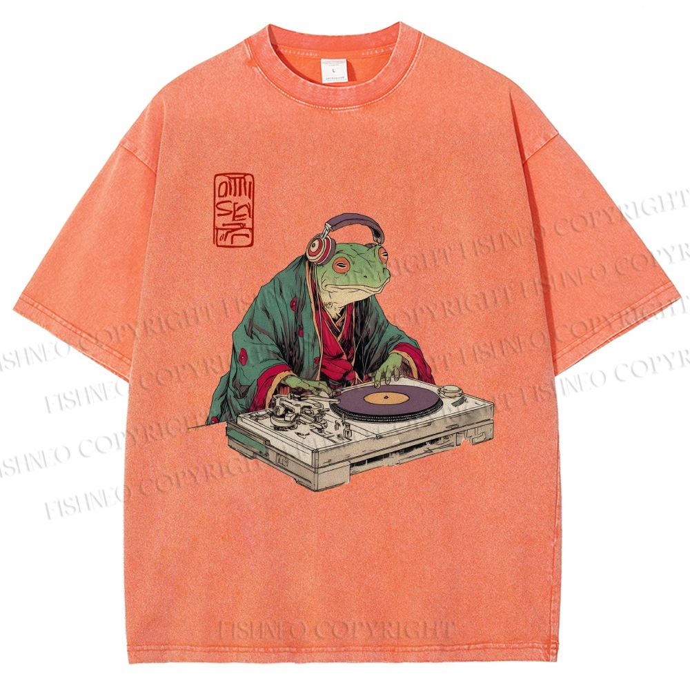 Unisex Frog DJ Viny Printed Washed Tee