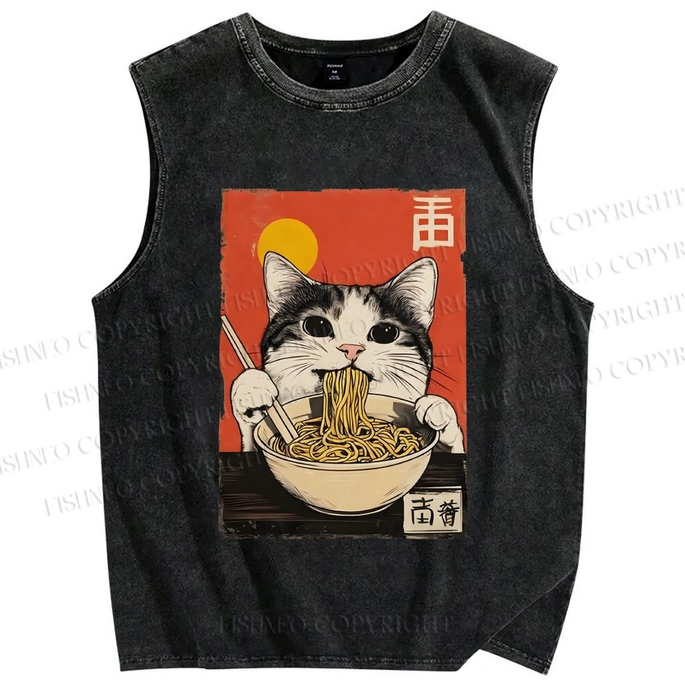 Unisex Ramen Cat Printed Washed Tank Top