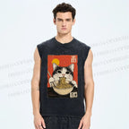 Unisex Ramen Cat Printed Washed Tank Top