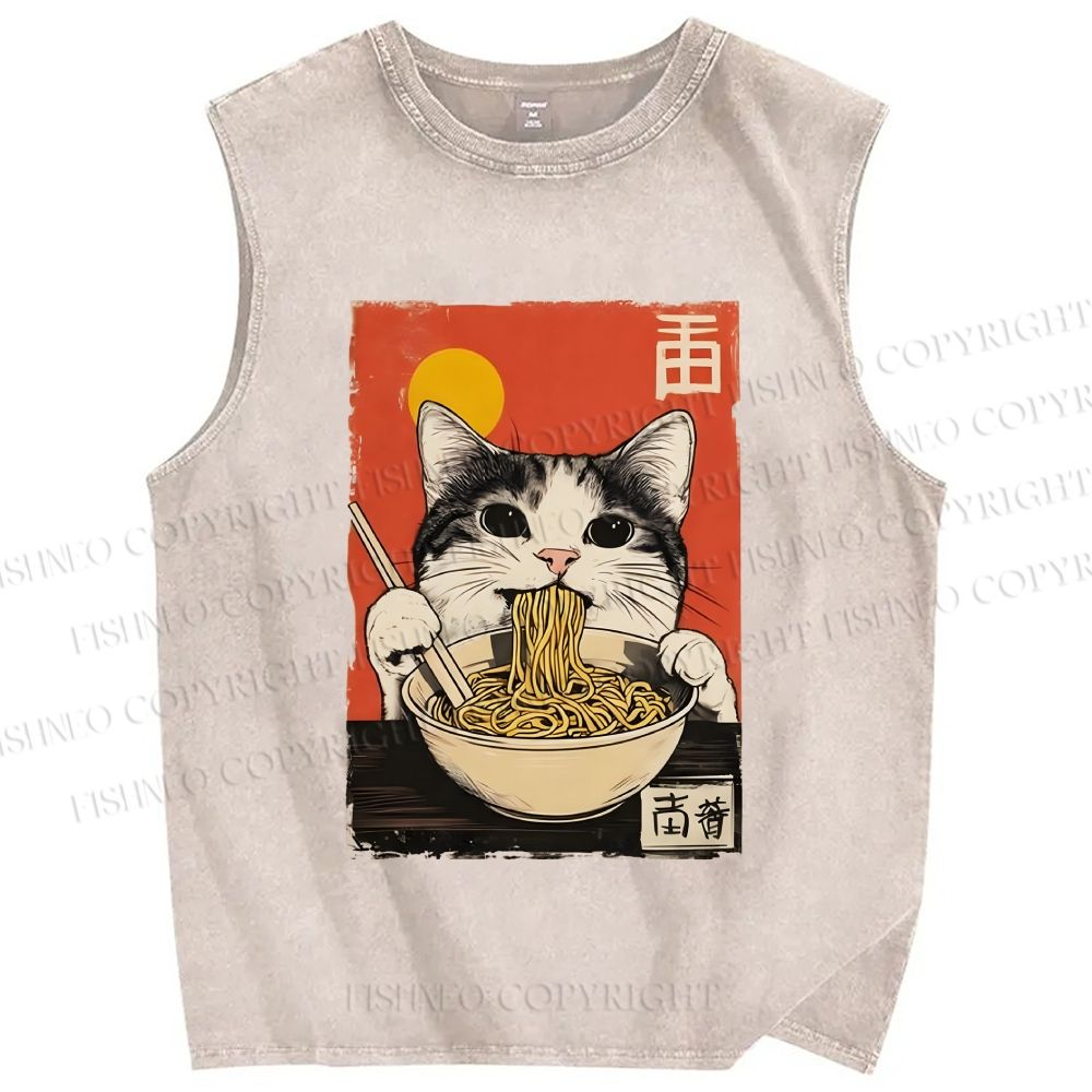 Unisex Ramen Cat Printed Washed Tank Top