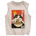 Unisex Ramen Cat Printed Washed Tank Top