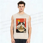Unisex Ramen Cat Printed Washed Tank Top