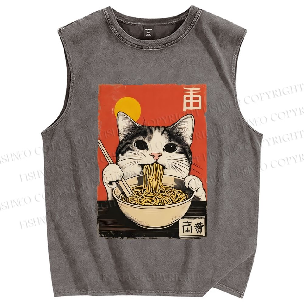 Unisex Ramen Cat Printed Washed Tank Top