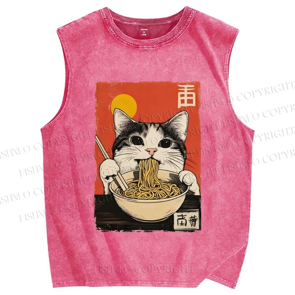 Unisex Ramen Cat Printed Washed Tank Top