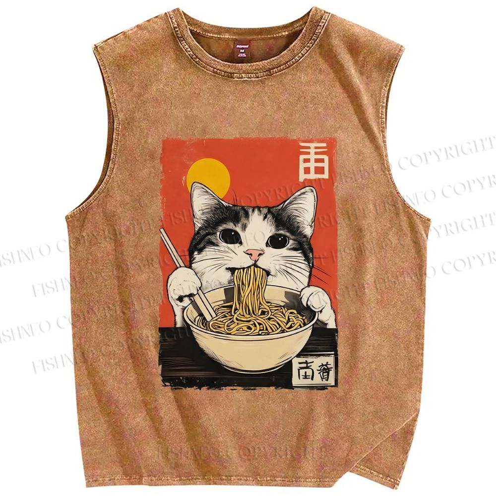 Unisex Ramen Cat Printed Washed Tank Top