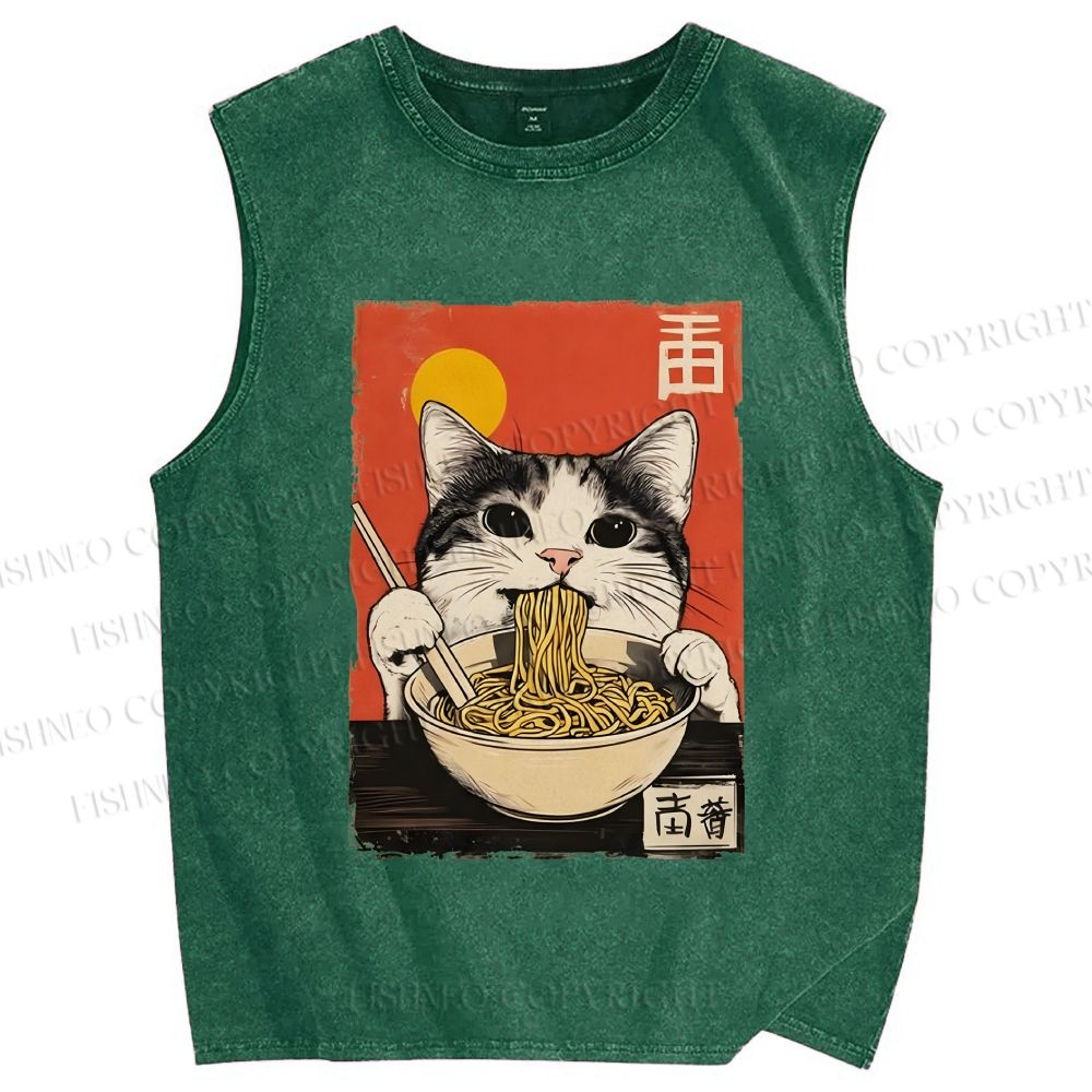 Unisex Ramen Cat Printed Washed Tank Top